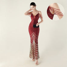 Load image into Gallery viewer, Deep V Plunge neck Wave Gradient Sequin Evening Dress Positioning Floral Cutting Craft Beaded Cocktail Battle Gown
