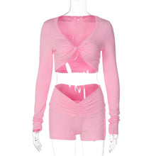 Load image into Gallery viewer, Winter Solid Color Twisted Long Sleeved Top Tight Shorts Sports Casual Set for Women