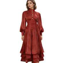 Load image into Gallery viewer, Spring Elegant Retro Lantern Sleeve Breasted Ruffled Maxi Dress Waist Slimming Dress