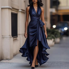 Load image into Gallery viewer, Satin Deep V Plunge neck Sleeveless Waist Trimming Ruffles Elegant Dress for Women