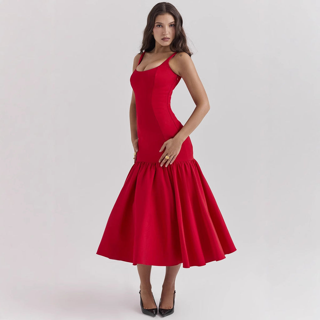 Summer Square Collar Cut Ballet Sheath Fitted Waist Fishtail Strap Dress for Women Elegant Bubble Dress Women
