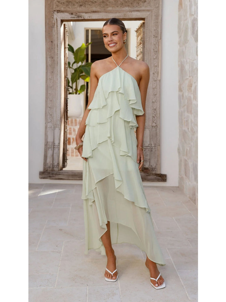 Goods Spring Summer Ruffled Elegant Halter Solid Color Cake Chiffon Dress