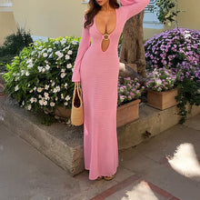 Load image into Gallery viewer, Spring Summer Vacation Women Deep V Plunge neck Long Sleeve Solid Color Woolen Buckle Dress for Women