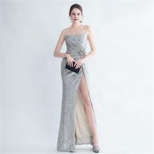 Load image into Gallery viewer, Gathers Sequ Handmade Floral Split Sling Simple Evening Dress