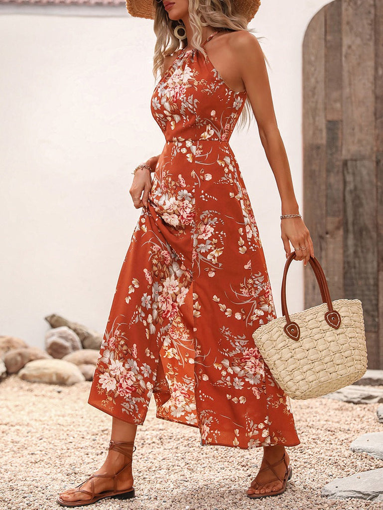 Women Clothing Japanese Summer High Waist Print Dress Vacation Split Halter Maxi Dress