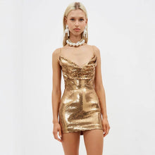 Load image into Gallery viewer, Sexy Golden V neck Strap Backless Little Short Dress Sequin Dress Nightclub Dress