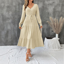 Load image into Gallery viewer, Autumn Elegant Long Sleeve Pleated V neck Solid Color Dress