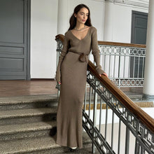 Load image into Gallery viewer, Solid Color Long Sleeve Dress Women Autumn Winter Elegant V neck Slim Hip Knitwear Dress