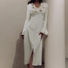 Load image into Gallery viewer, Women Clothing Spring French Ruffled V neck Bell Sleeve Single Breasted Elegant Slim Dress for Women