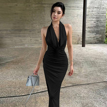 Load image into Gallery viewer, Women Clothing Winter Sexy Backless Pleated Slim Elegant Halter Maxi Dress