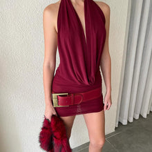 Load image into Gallery viewer, Hollowed out Backless Halter Deep V Plunge Hip Matching Mesh Dress Two Piece Set