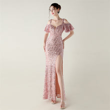 Load image into Gallery viewer, Bead Tube Sequin Heavy Industry Evening Dress Short Sleeve off the Shoulder Deep V Plunge High Slit Fishtail Dress Cocktail Socialite