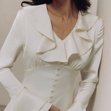 Load image into Gallery viewer, Women Clothing Spring French Ruffled V neck Bell Sleeve Single Breasted Elegant Slim Dress for Women