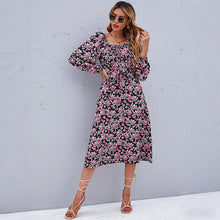 Load image into Gallery viewer, Autumn Elegant Retro Backless Bubble Sleeve Square Collar Floral Dress