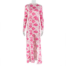 Load image into Gallery viewer, Women Printed Wear Waist Tight Slit Sheath Dress Pleated Slim Fit round Neck Long Sleeves Maxi Dress