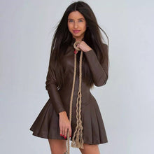 Load image into Gallery viewer, Women Fashionable Fitted Long Sleeve Pleated Faux Leather Zipper Dress