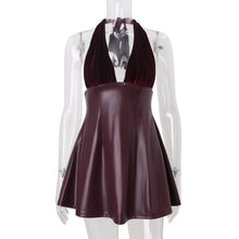 Load image into Gallery viewer, Women Clothing Fall Sexy V neck Low Cut Halter Backless Faux Leather Stitching Dress