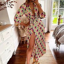Load image into Gallery viewer, Women Clothing Autumn Sexy Slit Lace up Waist Controlled V neck Shirt Elegant Dress Women