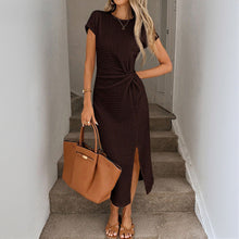 Load image into Gallery viewer, Retro Modern Brown Short Sleeves Waist Split Mid Length Elegant Women Dress