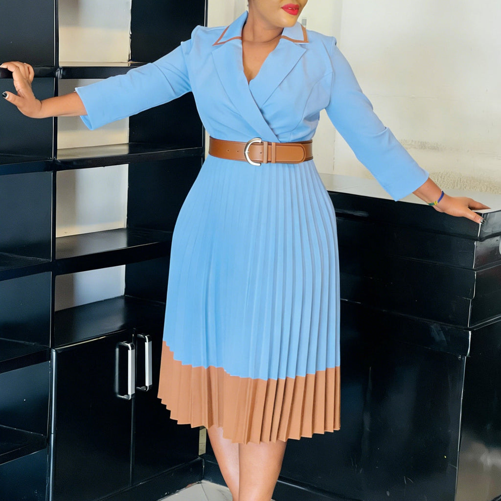 Women Clothing Winter Elegant Elegant Blazers Collar Color Matching Pleated Dress