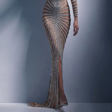 Load image into Gallery viewer, Spring Rhinestone Women Clothing Mesh See through Long Sleeve Split Maxi Dress