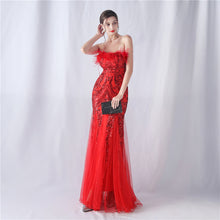 Load image into Gallery viewer, Ostrich Feather Positioning Floral Cutting Wedding Annual Meeting Tube Top Sequin Gauze Evening Dress