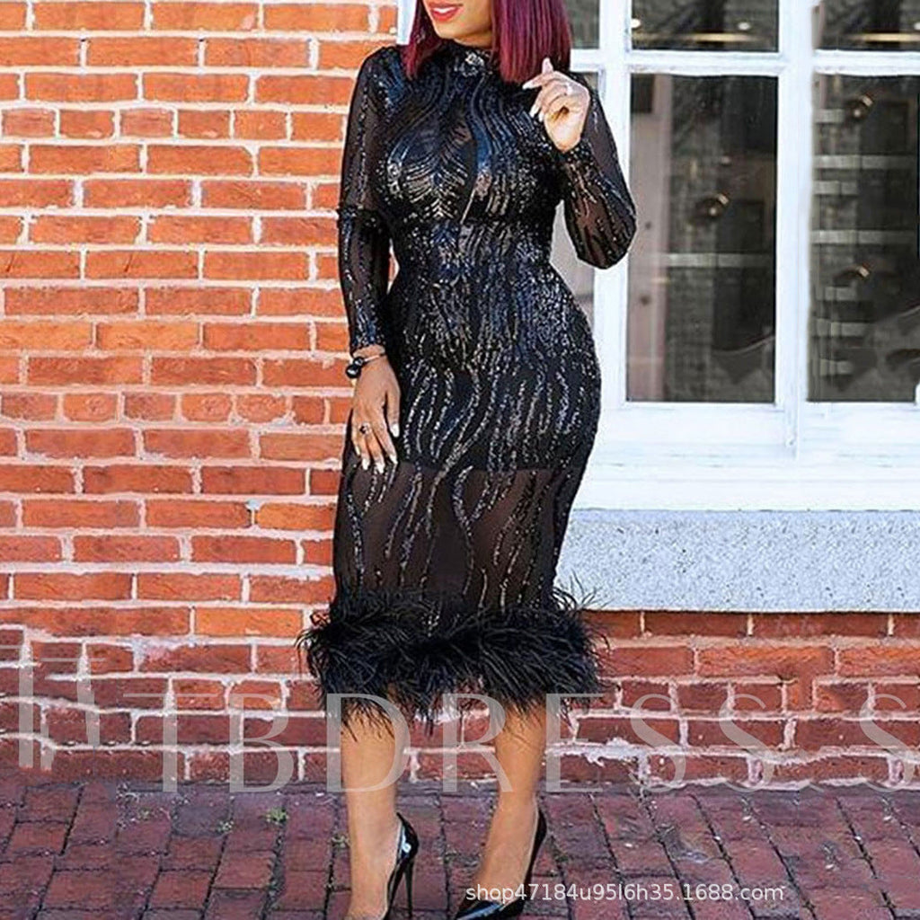 Women Clothing Dress Long Sleeve Turtleneck Midi Dress Tight Waist Bronzing Hip Dress