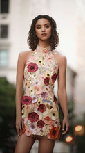 Load image into Gallery viewer, Women Embroidered Three Dimensional Floral Halter Slim Dress Small Dress