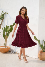 Load image into Gallery viewer, V neck High Waist Tied Dress Fur Ball Short Sleeve Dress Casual Vacation Travel Dress