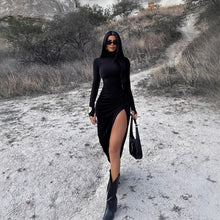 Load image into Gallery viewer, Autumn Stand Collar Long Sleeve Pleated Sexy Slit Hip Bag Dress Women