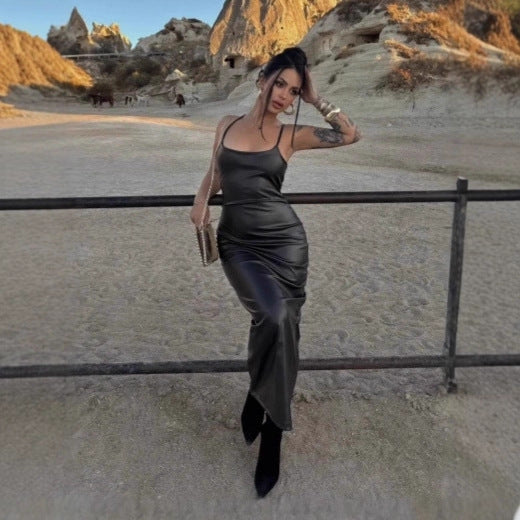 Women Clothing Sexy Faux Leather Sexy U Neck Cross Lace-up Backless Sheath Maxi Dress
