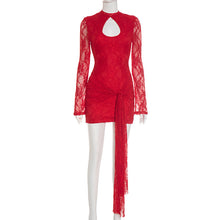 Load image into Gallery viewer, Women Clothing Autumn Solid Color Hollow Out Cutout out Strap Sexy Lace Long Sleeve Ribbon Short Dress