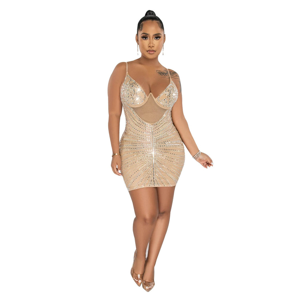 Women Wear Rhinestone Mesh Camisole Sleeveless Dress