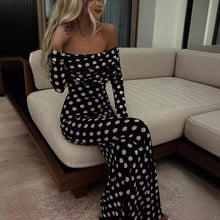 Load image into Gallery viewer, Spring Summer Gauze Polka Dot Stitching off Shoulder Sexy Slim Dress for Women
