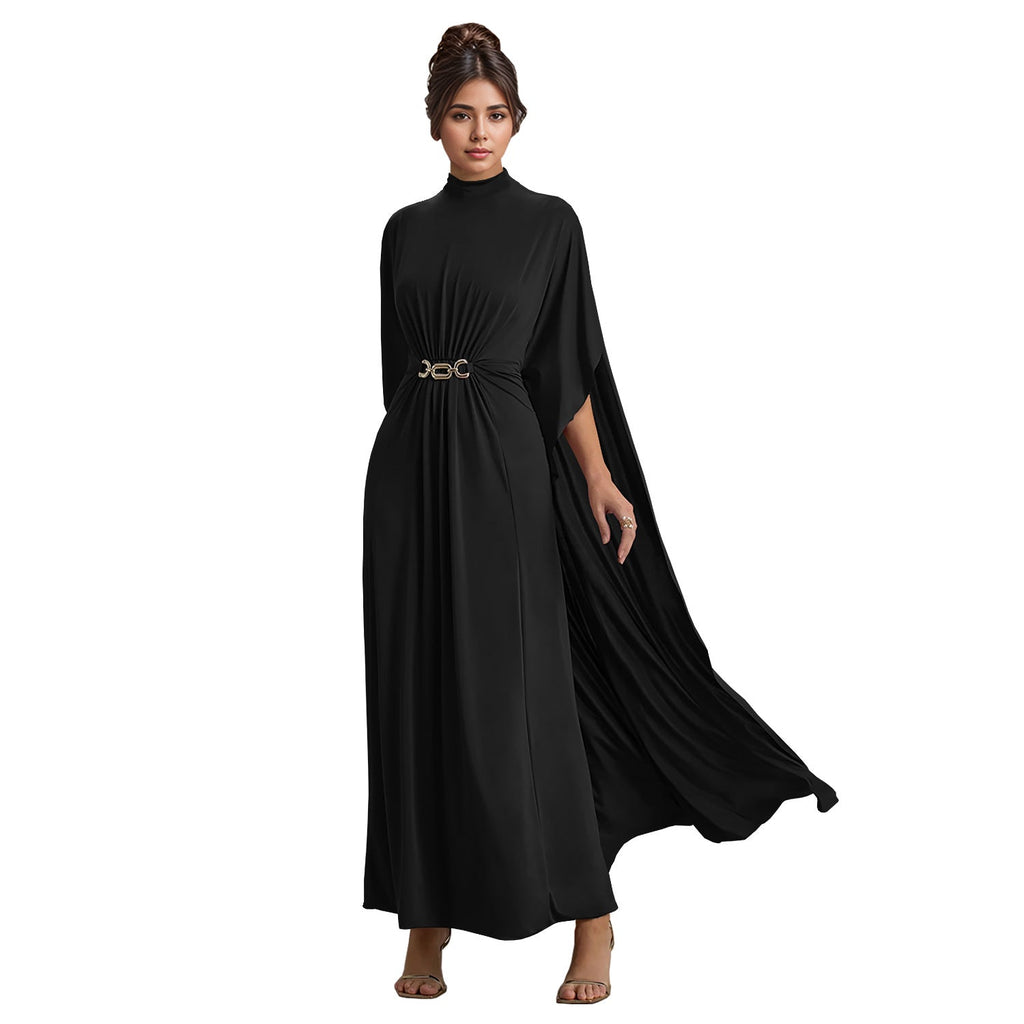 Women Wear Slim Fit Belt Buckle round Neck Shawl Dress