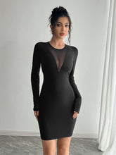 Load image into Gallery viewer, Spring Summer Ladies Solid Color Mesh Stitching Chest Design Long Sleeve Slim Fit Dress