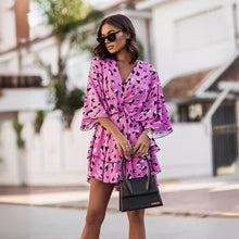 Load image into Gallery viewer, Women Clothing V neck Printed Waist Controlled Batwing Sleeve Half-Length Sleeve Dress