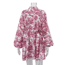Load image into Gallery viewer, Early Spring National Ink Printing Short Dress Puff Sleeve Stand Up Collar Tie Retro A Line Dress