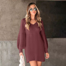 Load image into Gallery viewer, Autumn Winter Women V neck Lantern Sleeve Solid Color Woolen Dress