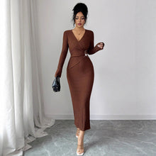 Load image into Gallery viewer, Cross Collar Knitted Texture Solid Color Slim Slimming Dress Women Winter