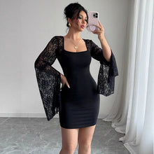 Load image into Gallery viewer, Autumn Bell Sleeve Split Solid Color Lace Stitching Square Collar Hip Bag Dress