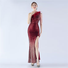 Load image into Gallery viewer, Gradient Sequin Craft Beaded Ostrich Feather Diagonal Collar One Shoulder Long Evening Dress