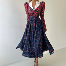 Load image into Gallery viewer, Contrast Color Design Collared Long Sleeve A line Women Waist Controlled Printed Large Swing Dress
