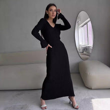 Load image into Gallery viewer, Long Sleeve V neck Tight Knitted Dress Solid Color Rib Fabric Wool Long Autumn Winter Dress