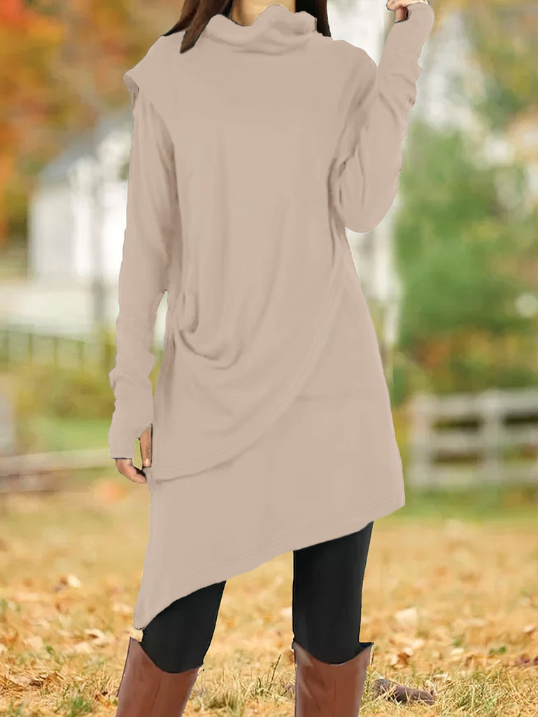 Autumn Winter Black High Collar Irregular Asymmetric Faux Two Piece Long-Sleeved Dress Women