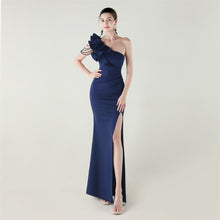 Load image into Gallery viewer, One Shoulder Craft Beading Wave Floral Satin High Slit Sexy Evening Dress Dinner Party Wedding Social