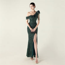 Load image into Gallery viewer, One Shoulder Pleated Ruffled Embellished Beaded Chain Sequined Evening Dress Cocktail Wedding Red Carpet