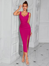 Load image into Gallery viewer, Elegant off Shoulder Slim Fit Figure Flattering Side Slit Pleated High Waist Strap Dress
