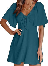Load image into Gallery viewer, Women Clothing Shein V Neck Bow Lace Up Short Sleeve Mini Dress