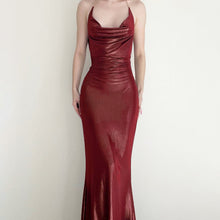 Load image into Gallery viewer, Sexy Elegant Retro Halter Sheath Dress Thin Flash Pleated Backless Solid Color Swing Collar Dress